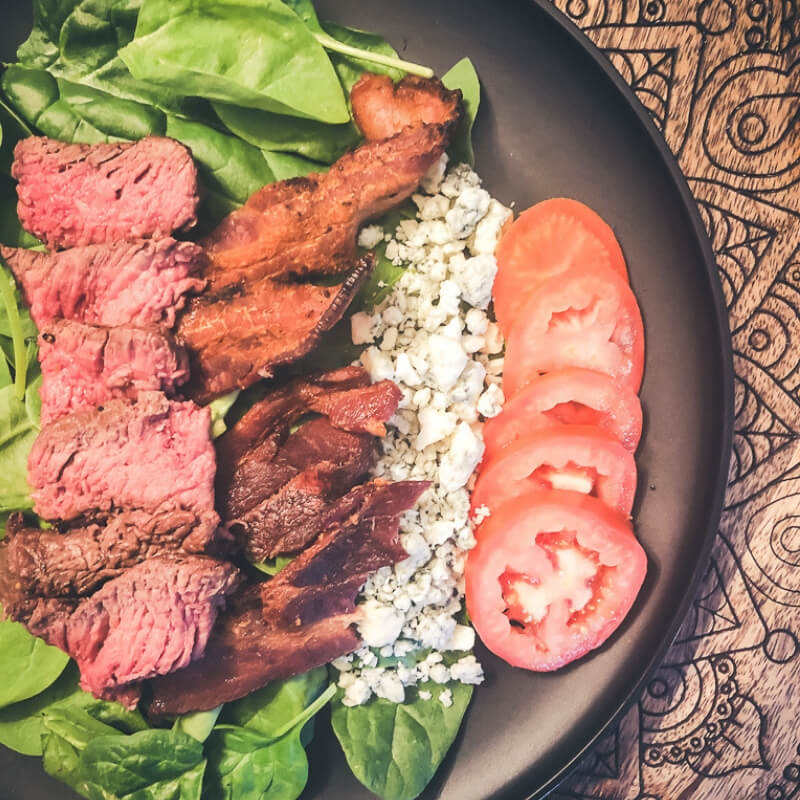 Spinach, Bacon and Blue Cheese Steak Salad with homemade Balsamic Dressing