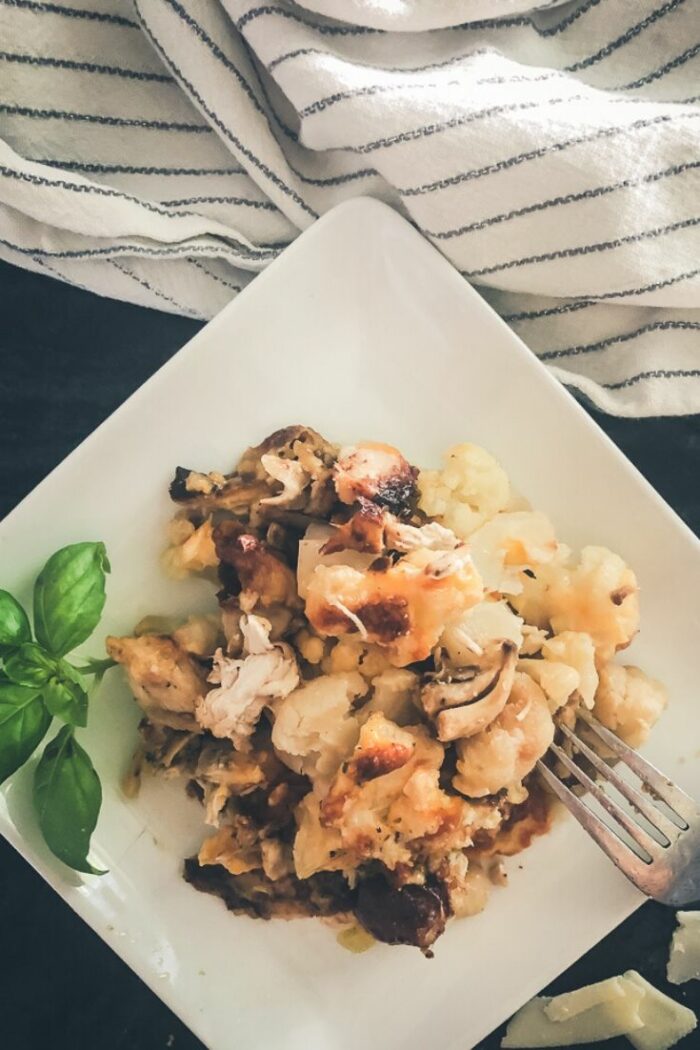 A quick easy dinner: rotisserie chicken and cauliflower au gratin (bake in one dish!)